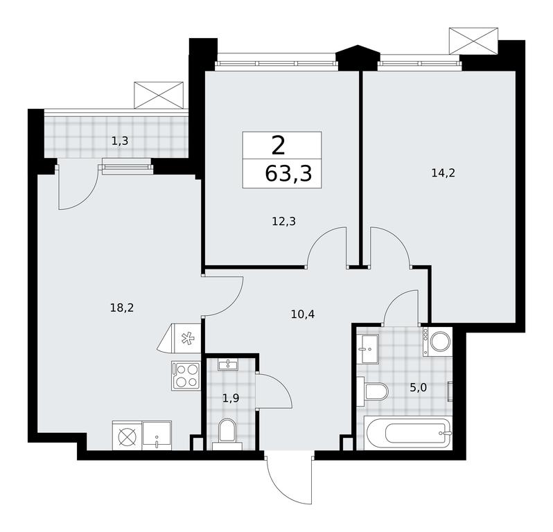 1-BD Apartment Sale, 63.3平方米 at Desnarechie, kvartal № 23, Desyonovskoye Settlement, Moscow, Russia #1