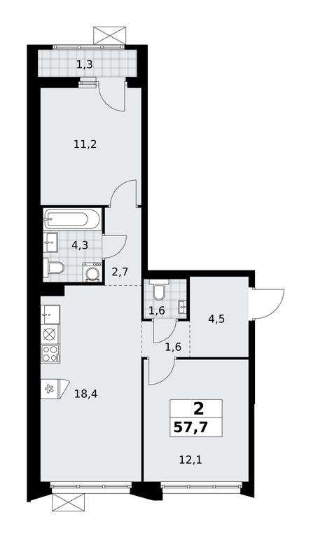 1-BD Apartment Sale, 57.7 sq. m. at Desnarechie, kvartal № 23, Desyonovskoye Settlement, Moscow, Russia #2
