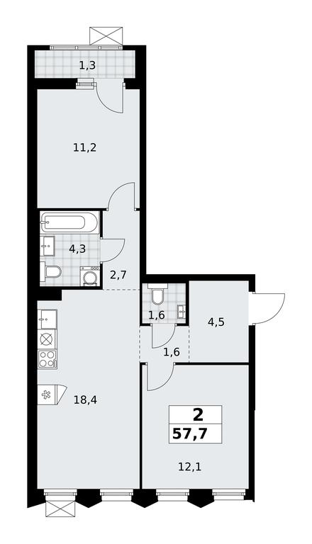 1-BD Apartment Sale, 57.7 sq. m. at Desnarechie, kvartal № 23, Desyonovskoye Settlement, Moscow, Russia #2
