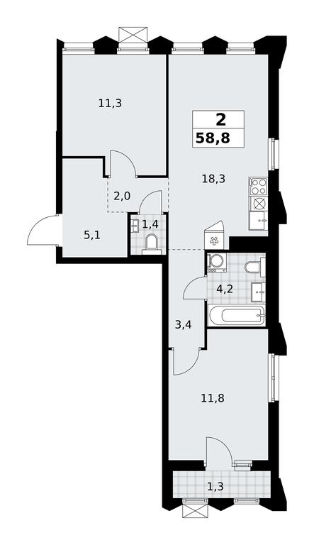1-BD Apartment Sale, 58.8 sq. m. at Desnarechie, kvartal № 23, Desyonovskoye Settlement, Moscow, Russia #2