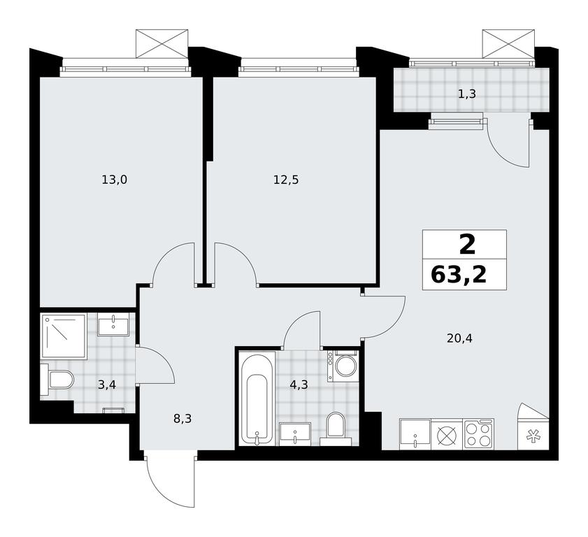 1-BD Apartment Sale, 63.2 sq. m. at Desnarechie, kvartal № 23, Desyonovskoye Settlement, Moscow, Russia #2