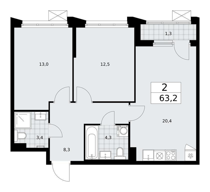 1-BD Apartment Sale, 63.2 sq. m. at Desnarechie, kvartal № 23, Desyonovskoye Settlement, Moscow, Russia #1