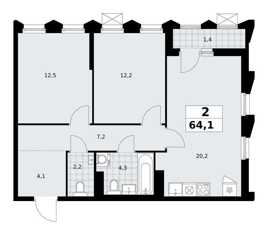 1-BD Apartment Sale, 64.1 sq. m. at Desnarechie, kvartal № 23, Desyonovskoye Settlement, Moscow, Russia #2