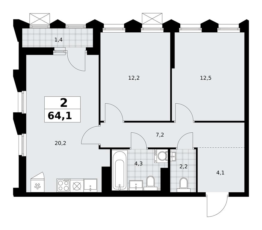 1-BD Apartment Sale, 64.1平方米 at Desnarechie, kvartal № 23, Desyonovskoye Settlement, Moscow, Russia #2