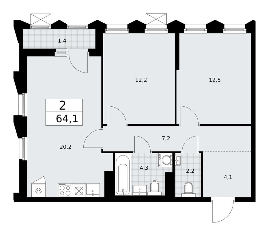 1-BD Apartment Sale, 64.1平方米 at Desnarechie, kvartal № 23, Desyonovskoye Settlement, Moscow, Russia #1