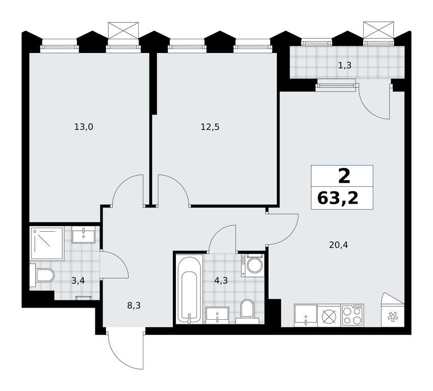 1-BD Apartment Sale, 63.2平方米 at Desnarechie, kvartal № 23, Desyonovskoye Settlement, Moscow, Russia #2