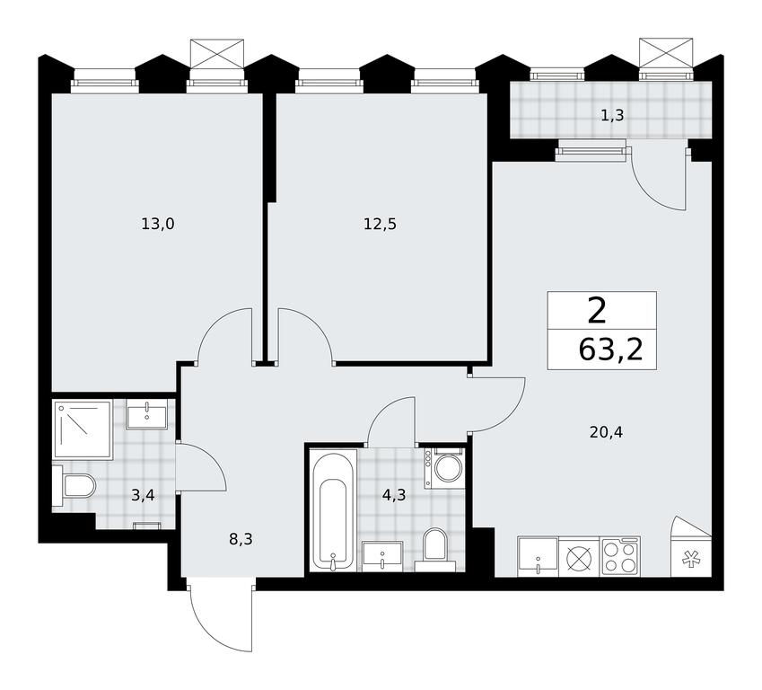 1-BD Apartment Sale, 63.2平方米 at Desnarechie, kvartal № 23, Desyonovskoye Settlement, Moscow, Russia #1