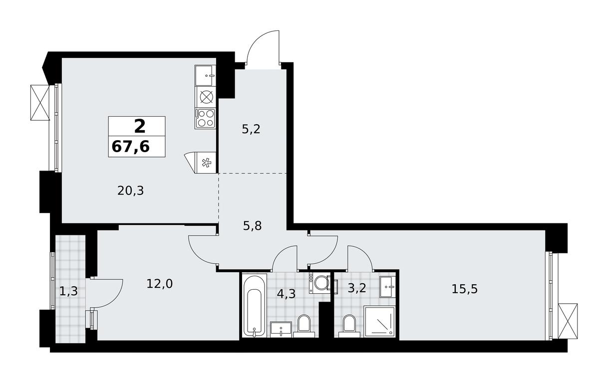 1-BD Apartment Sale, 67.6平方米 at Desnarechie, kvartal № 23, Desyonovskoye Settlement, Moscow, Russia #2