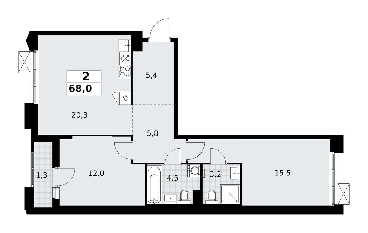 1-BD Apartment Sale, 68平方米 at Desnarechie, kvartal № 23, Desyonovskoye Settlement, Moscow, Russia #2