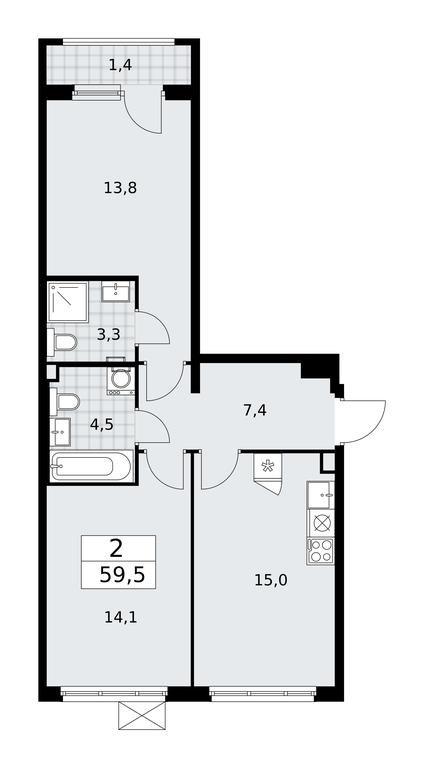 1-BD Apartment Sale, 59.5平方米 at Desnarechie, kvartal № 23, Desyonovskoye Settlement, Moscow, Russia #1