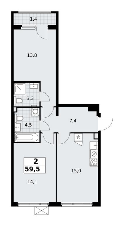 1-BD Apartment Sale, 59.5平方米 at Desnarechie, kvartal № 23, Desyonovskoye Settlement, Moscow, Russia #2