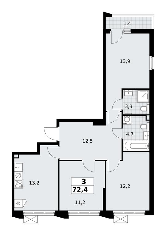 2-BD Apartment Sale, 72.4平方米 at Desnarechie, kvartal № 23, Desyonovskoye Settlement, Moscow, Russia #2