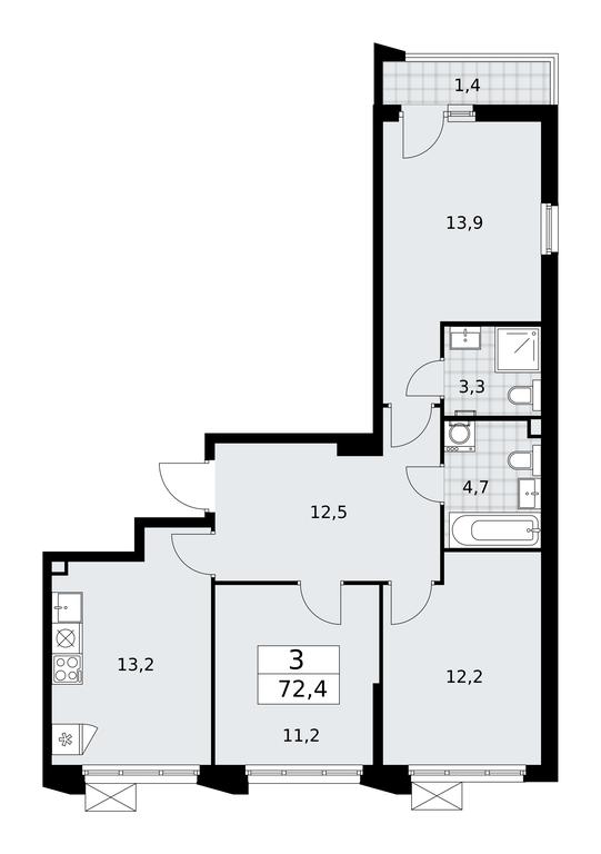 2-BD Apartment Sale, 72.4平方米 at Desnarechie, kvartal № 23, Desyonovskoye Settlement, Moscow, Russia #1