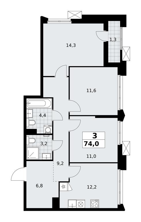 2-BD Apartment Sale, 74平方米 at Desnarechie, kvartal № 23, Desyonovskoye Settlement, Moscow, Russia #2