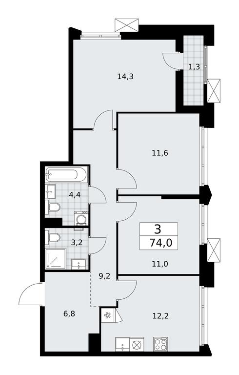 2-BD Apartment Sale, 74平方米 at Desnarechie, kvartal № 23, Desyonovskoye Settlement, Moscow, Russia #1