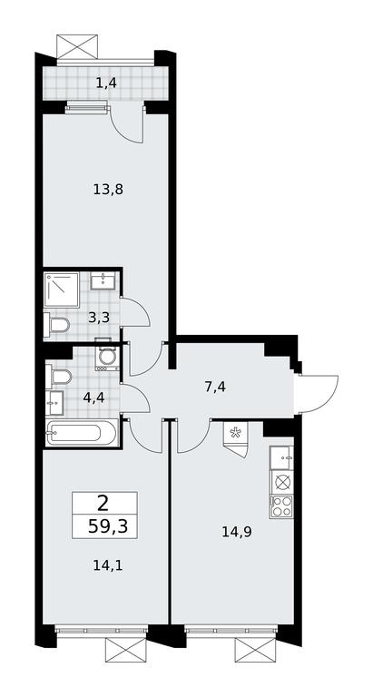 1-BD Apartment Sale, 59.3平方米 at Desnarechie, kvartal № 23, Desyonovskoye Settlement, Moscow, Russia #1