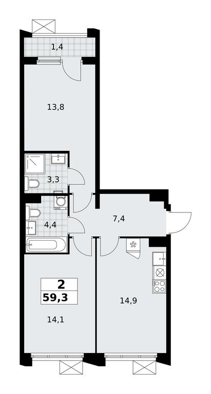 1-BD Apartment Sale, 59.3平方米 at Desnarechie, kvartal № 23, Desyonovskoye Settlement, Moscow, Russia #2