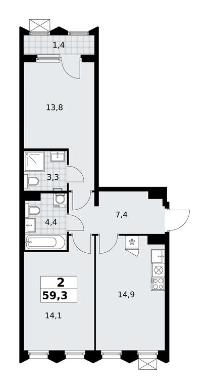 1-BD Apartment Sale, 59.3平方米 at Desnarechie, kvartal № 23, Desyonovskoye Settlement, Moscow, Russia #2