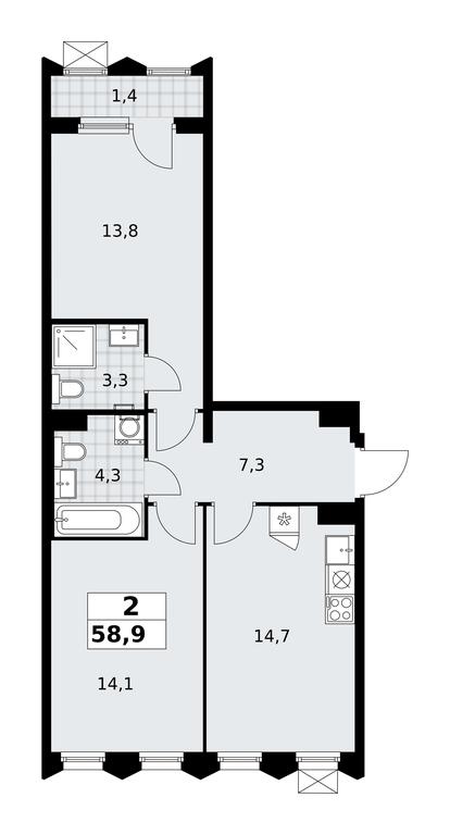 1-BD Apartment Sale, 58.9平方米 at Desnarechie, kvartal № 23, Desyonovskoye Settlement, Moscow, Russia #2