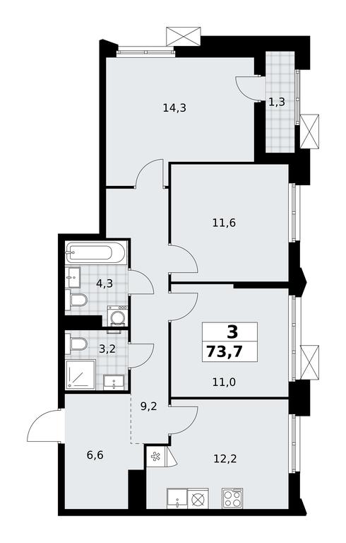 2-BD Apartment Sale, 73.7平方米 at Desnarechie, kvartal № 23, Desyonovskoye Settlement, Moscow, Russia #2