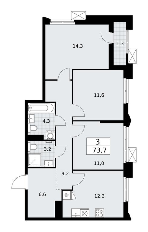 2-BD Apartment Sale, 73.7平方米 at Desnarechie, kvartal № 23, Desyonovskoye Settlement, Moscow, Russia #1