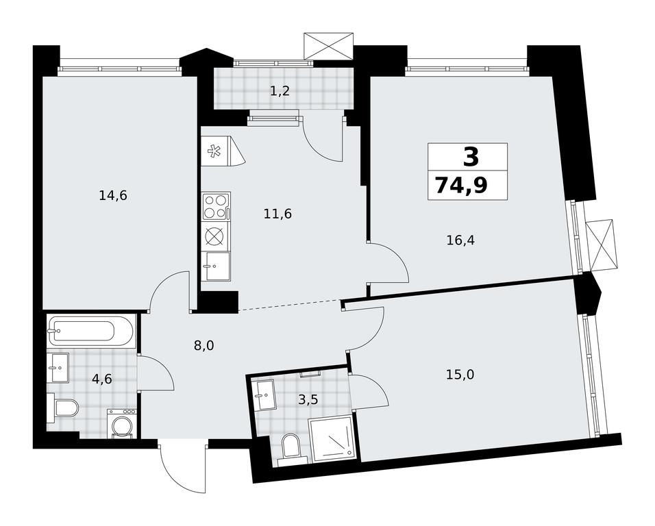 2-BD Apartment Sale, 74.9平方米 at Desnarechie, kvartal № 23, Desyonovskoye Settlement, Moscow, Russia #2
