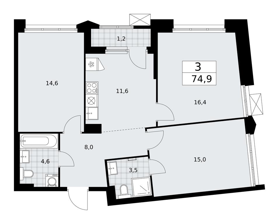 2-BD Apartment Sale, 74.9平方米 at Desnarechie, kvartal № 23, Desyonovskoye Settlement, Moscow, Russia #1