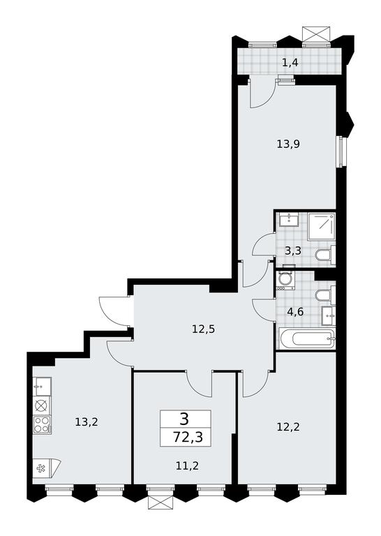 2-BD Apartment Sale, 72.3平方米 at Desnarechie, kvartal № 23, Desyonovskoye Settlement, Moscow, Russia #1
