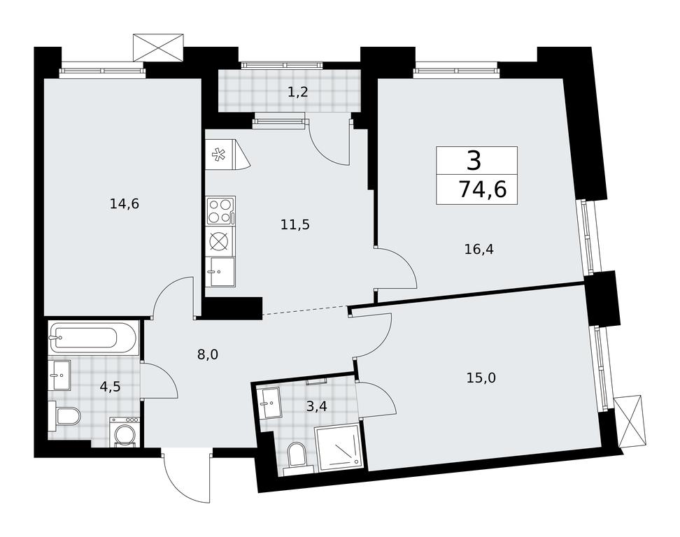 2-BD Apartment Sale, 74.6平方米 at Desnarechie, kvartal № 23, Desyonovskoye Settlement, Moscow, Russia #1