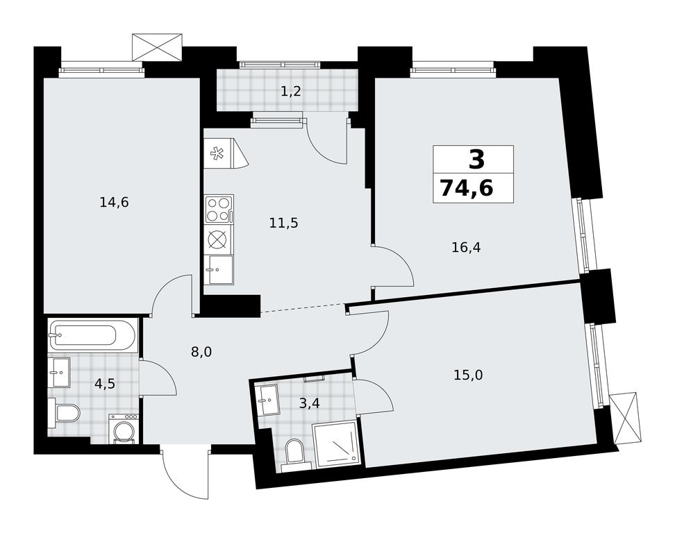 2-BD Apartment Sale, 74.6平方米 at Desnarechie, kvartal № 23, Desyonovskoye Settlement, Moscow, Russia #2