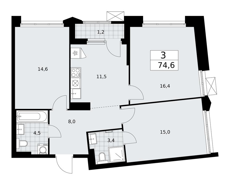 2-BD Apartment Sale, 74.6 sq. m. at Desnarechie, kvartal № 23, Desyonovskoye Settlement, Moscow, Russia #1