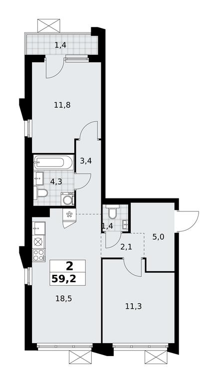 1-BD Apartment Sale, 59.2 sq. m. at Desnarechie, kvartal № 23, Desyonovskoye Settlement, Moscow, Russia #2
