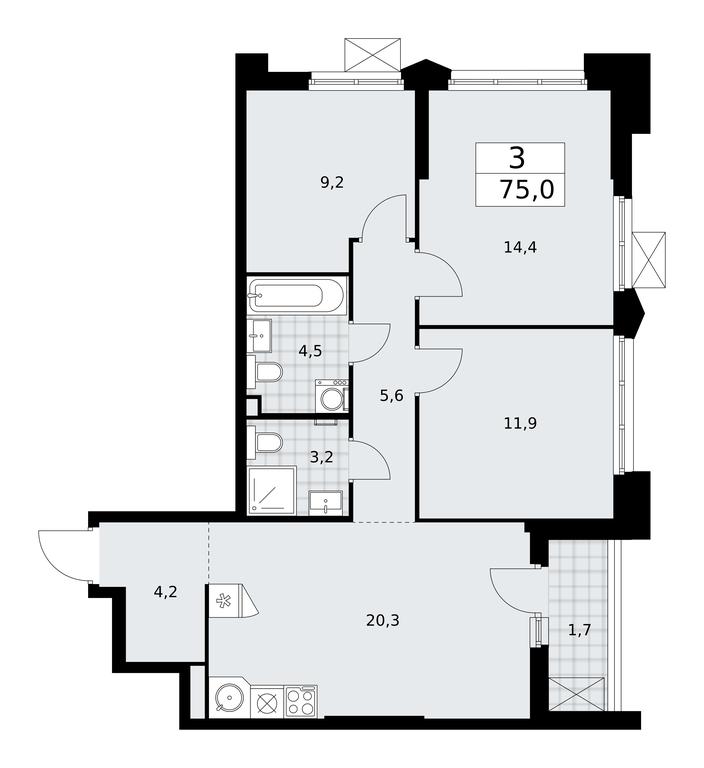 2-BD Apartment Sale, 75平方米 at Desnarechie, kvartal № 23, Desyonovskoye Settlement, Moscow, Russia #1