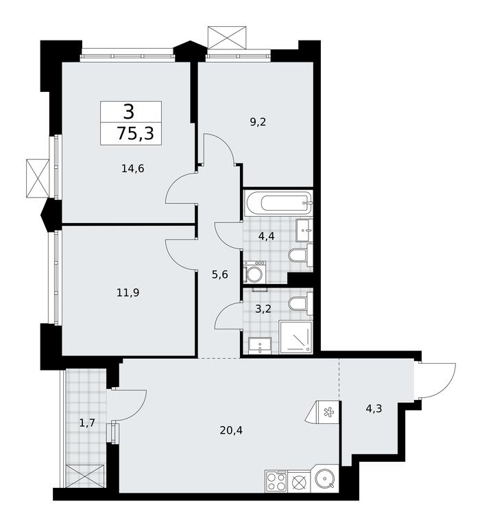 2-BD Apartment Sale, 75.3 sq. m. at Desnarechie, kvartal № 23, Desyonovskoye Settlement, Moscow, Russia #1