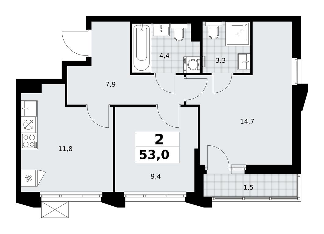 1-BD Apartment Sale, 53平方米 at Desnarechie, kvartal № 23, Desyonovskoye Settlement, Moscow, Russia #2