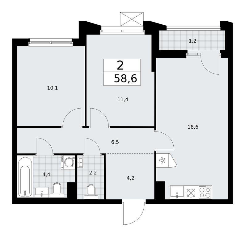 1-BD Apartment Sale, 58.6平方米 at Desnarechie, kvartal № 23, Desyonovskoye Settlement, Moscow, Russia #1