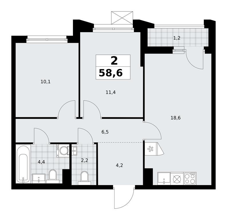 1-BD Apartment Sale, 58.6平方米 at Desnarechie, kvartal № 23, Desyonovskoye Settlement, Moscow, Russia #2
