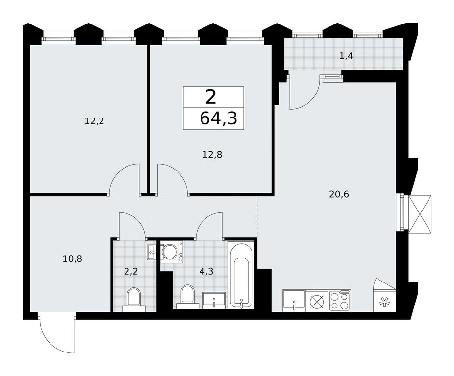 1-BD Apartment Sale, 64.3平方米 at Desnarechie, kvartal № 23, Desyonovskoye Settlement, Moscow, Russia #1