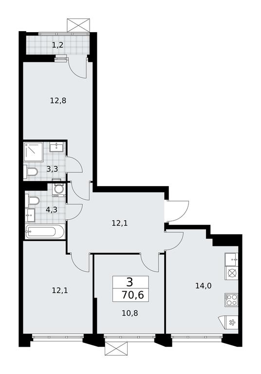2-BD Apartment Sale, 70.6平方米 at Desnarechie, kvartal № 23, Desyonovskoye Settlement, Moscow, Russia #1