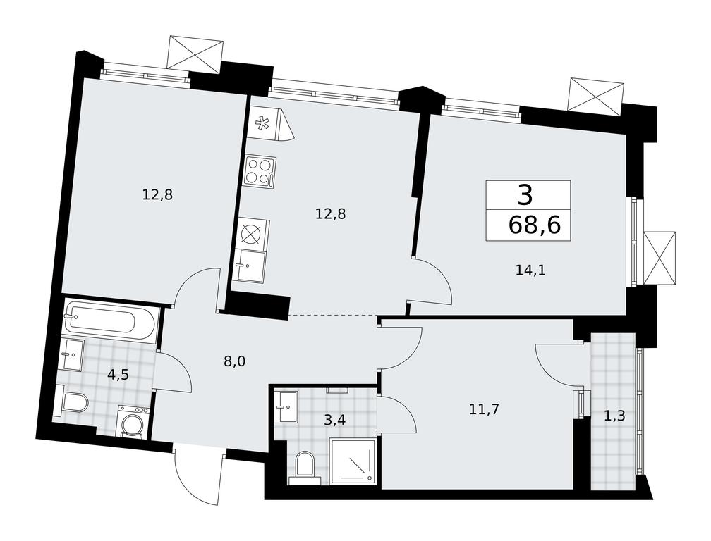 2-BD Apartment Sale, 68.6 sq. m. at Desnarechie, kvartal № 23, Desyonovskoye Settlement, Moscow, Russia #1