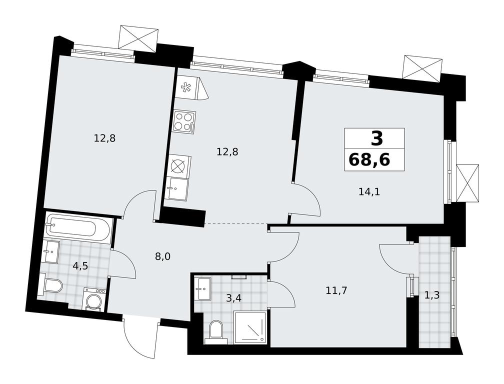2-BD Apartment Sale, 68.6 sq. m. at Desnarechie, kvartal № 23, Desyonovskoye Settlement, Moscow, Russia #2