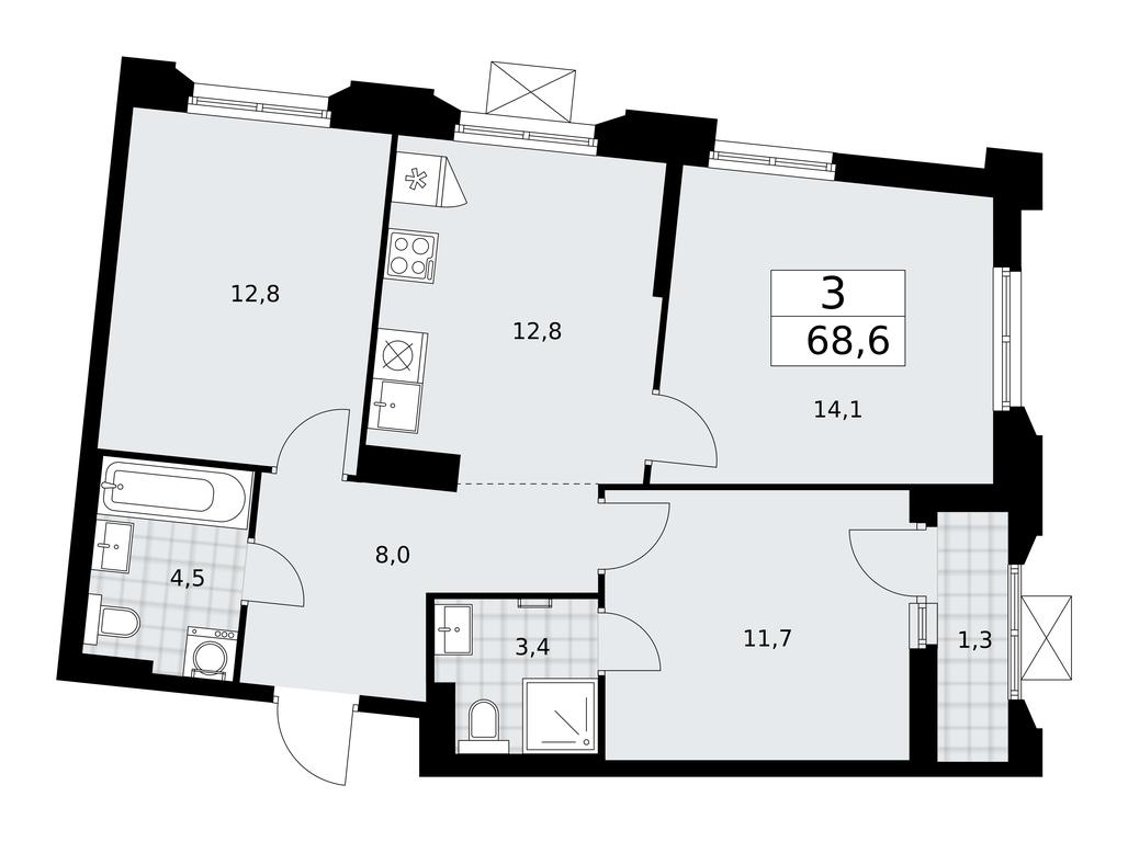 2-BD Apartment Sale, 68.6 sq. m. at Desnarechie, kvartal № 23, Desyonovskoye Settlement, Moscow, Russia #1