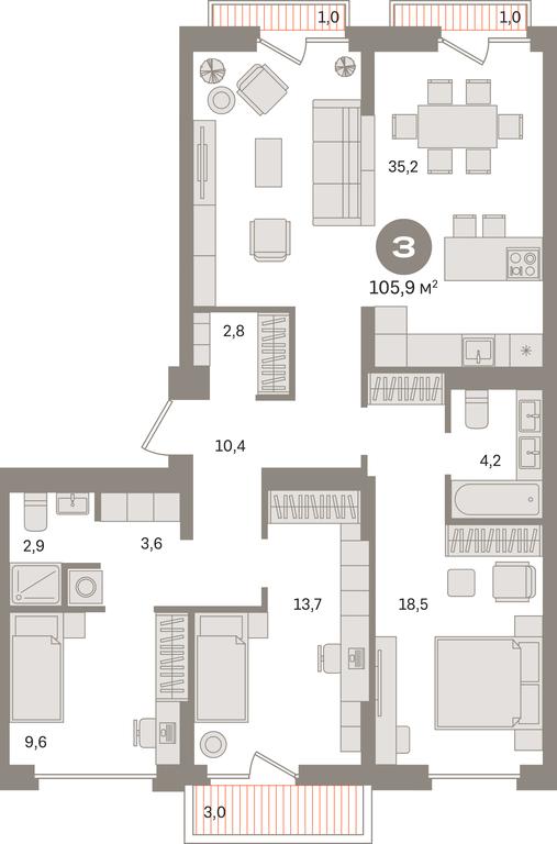 3-BD Apartment Sale, 105.9 sq. m. at Pervy kvartal, Kalinovaya ulitsa, derevnya Sapronovo, Leninskiy City District, Moscow Region, Russia #1