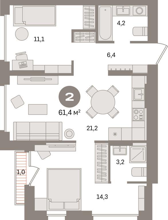 2-BD Apartment Sale, 61.4 sq. m. at Pervy kvartal, Kalinovaya ulitsa, derevnya Sapronovo, Leninskiy City District, Moscow Region, Russia #1