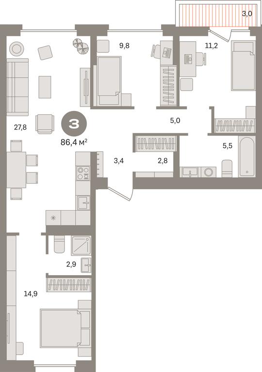 3-BD Apartment Sale, 86.4 sq. m. at Pervy kvartal, Kalinovaya ulitsa, derevnya Sapronovo, Leninskiy City District, Moscow Region, Russia #1