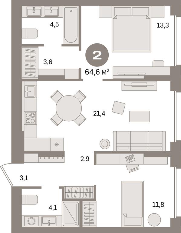 2-BD Apartment Sale, 64.6 sq. m. at Pervy kvartal, Kalinovaya ulitsa, derevnya Sapronovo, Leninskiy City District, Moscow Region, Russia #1