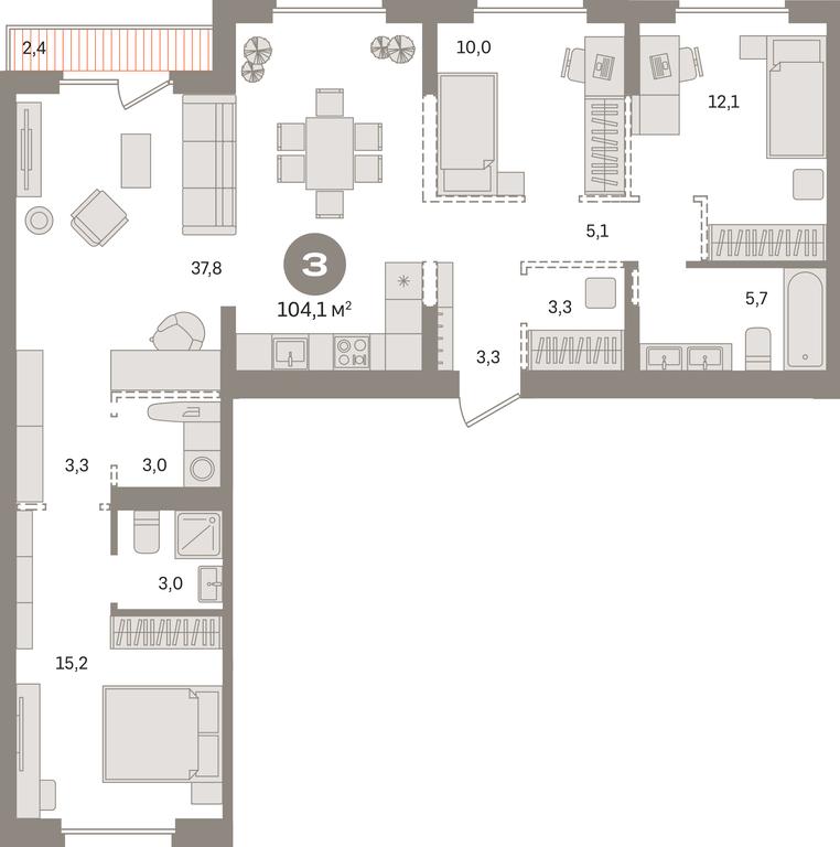 3-BD Apartment Sale, 104.1 sq. m. at Pervy kvartal, Kalinovaya ulitsa, derevnya Sapronovo, Leninskiy City District, Moscow Region, Russia #1