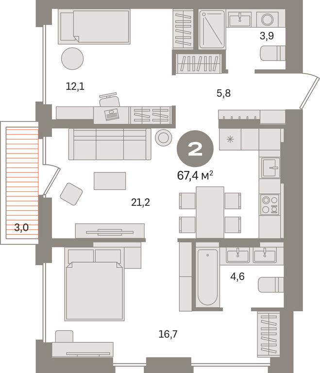 2-BD Apartment Sale, 67.4 sq. m. at Pervy kvartal, Kalinovaya ulitsa, derevnya Sapronovo, Leninskiy City District, Moscow Region, Russia #1