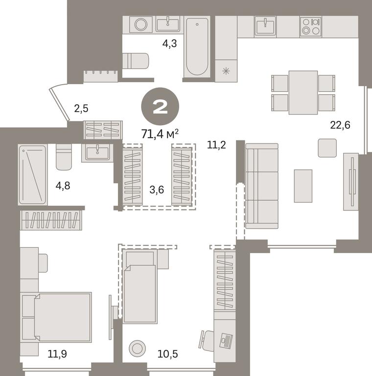 2-BD Apartment Sale, 71.4 sq. m. at Pervy kvartal, Kalinovaya ulitsa, derevnya Sapronovo, Leninskiy City District, Moscow Region, Russia #1