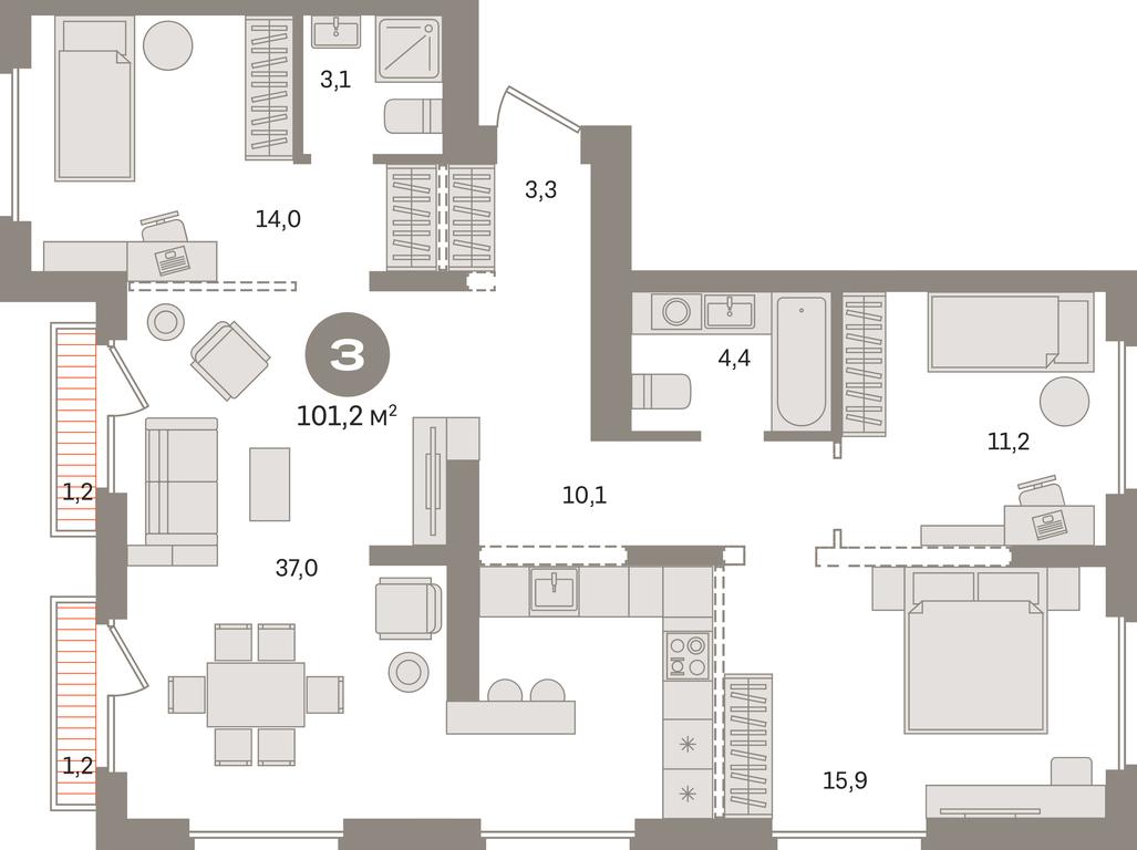 3-BD Apartment Sale, 101.2 sq. m. at Pervy kvartal, Kalinovaya ulitsa, derevnya Sapronovo, Leninskiy City District, Moscow Region, Russia #1